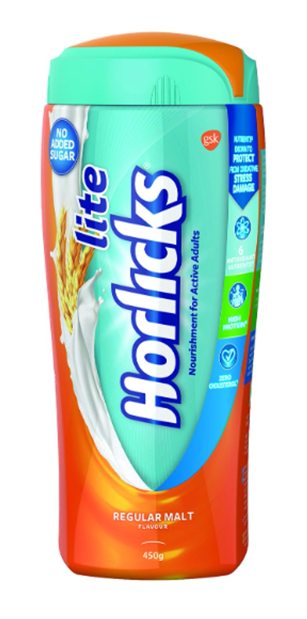 Horlicks Lite Regular Malt Flavoured Health & Nutrition Drink, 450 gm Jar - 